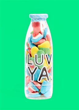 Share the love with the Luv Ya Sweet Bottle by Treat Kitchen. Bursting with Strawberry and Vanilla flavors, it's the ideal gift for Valentine's or anniversaries. Show your love and be eco-friendly too with this recyclable bottle.<br />
<br />
Ingredients: Glucose Syrup, Sugar, Gelatine, Acids: Citric Acid, Lactic Acid; Gelling Agent: Pectins; Flavourings, Colours: E102, E129, E133.